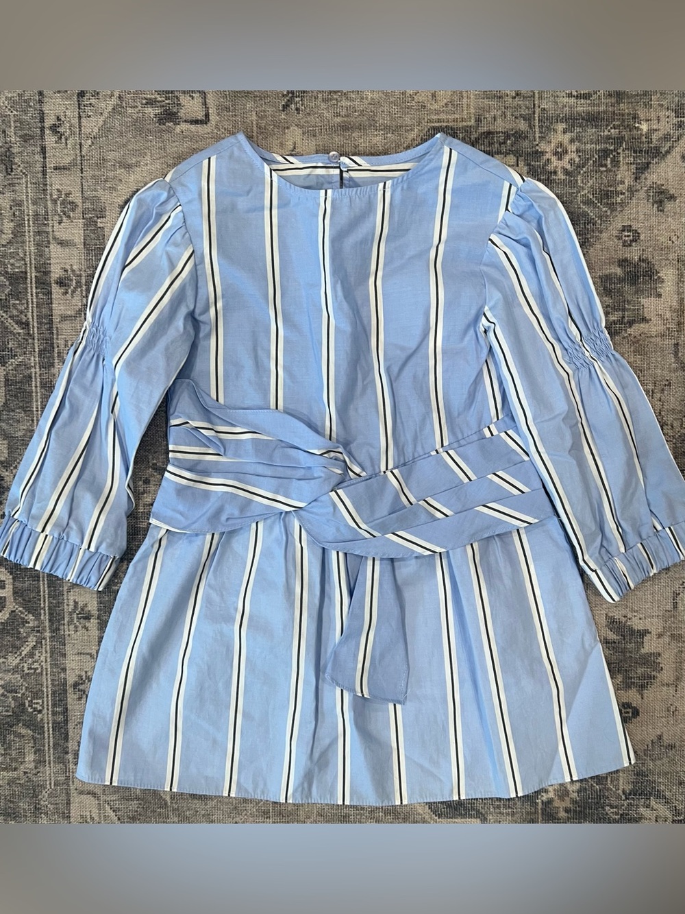 Zara Light Blue and White Vertical-Stripe Waist-Tie Dress